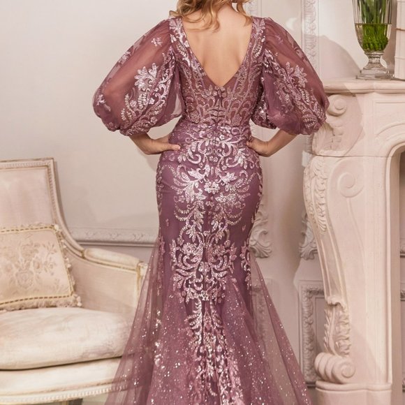 NEW VIOLET  COLOR MOTHER OF BRIDE EVENING MERMAID GLITTER PRINT GOWN CD009 - Picture 4 of 5
